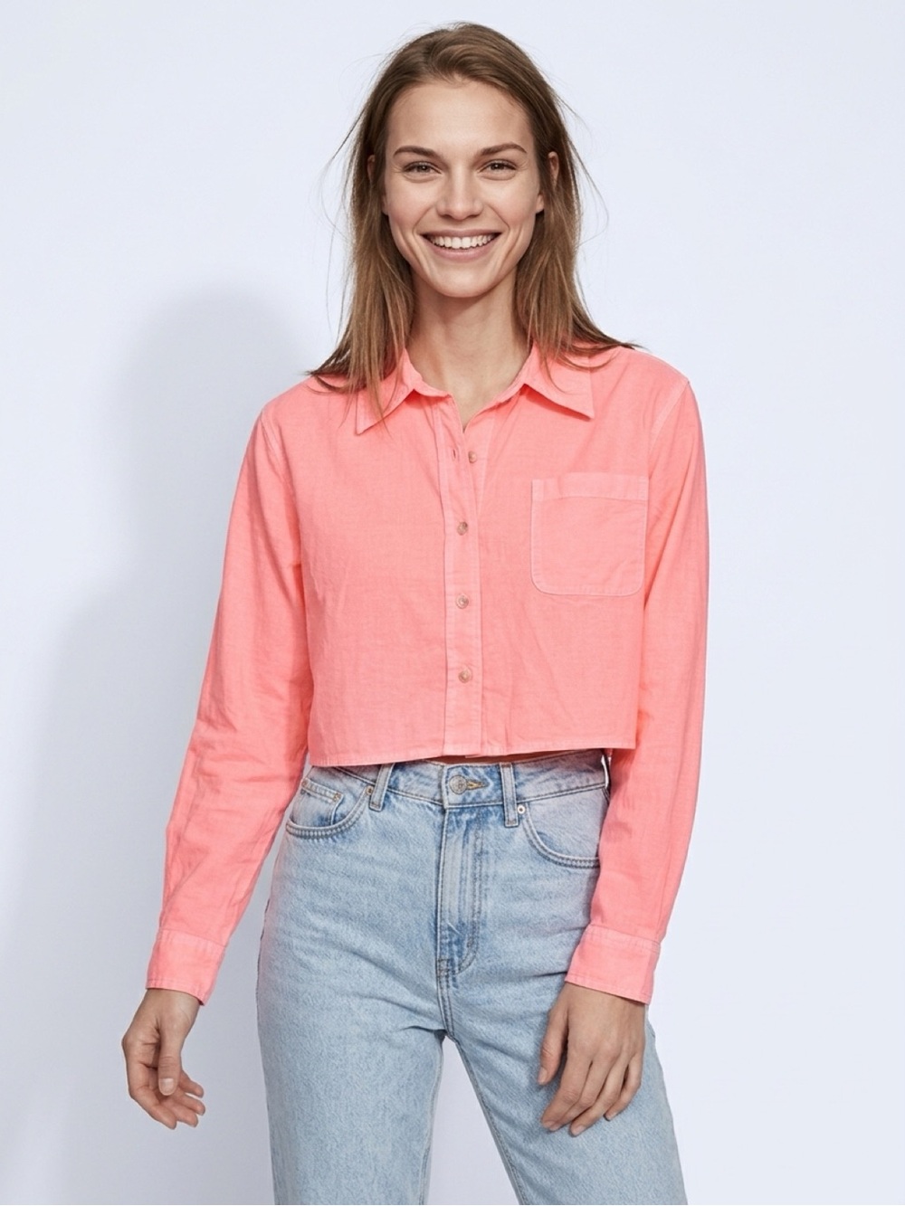 Market & Spruce Neon Coral Crop Button-Down Shirt